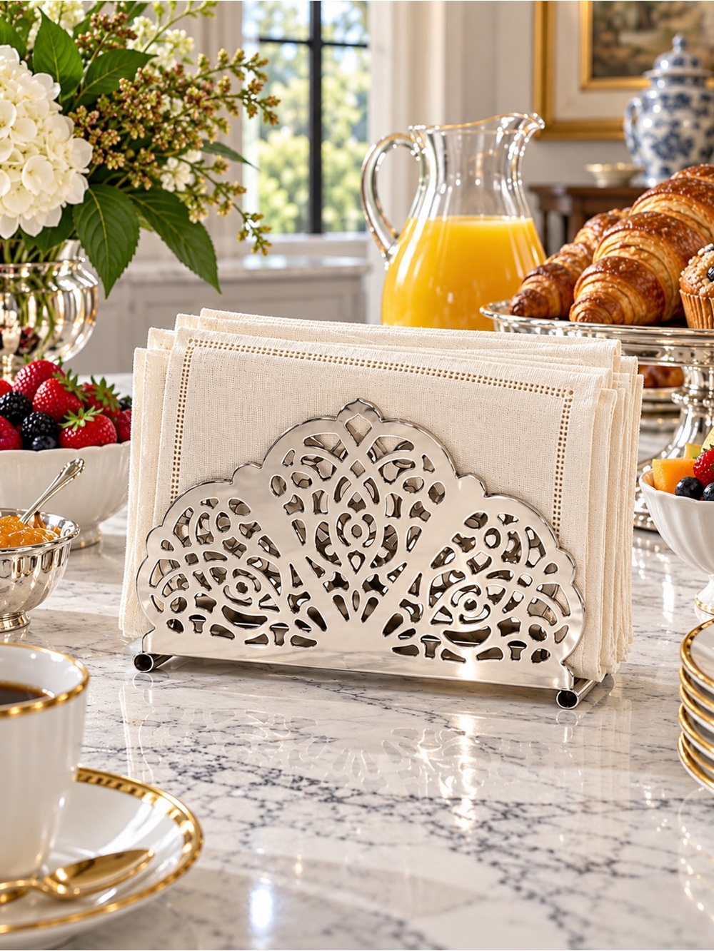 Vintage Silver Chrome plated Metal Filigree Napkin/Mail letter Holder Irvin Ware